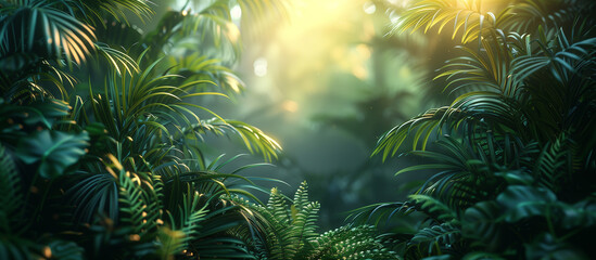 Fototapeta na wymiar Tropical green plants on sun light background.