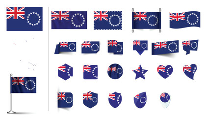 set of Cook Islands flag, flat Icon set vector illustration. collection of national symbols on various objects and state signs. flag button, waving, 3d rendering symbols