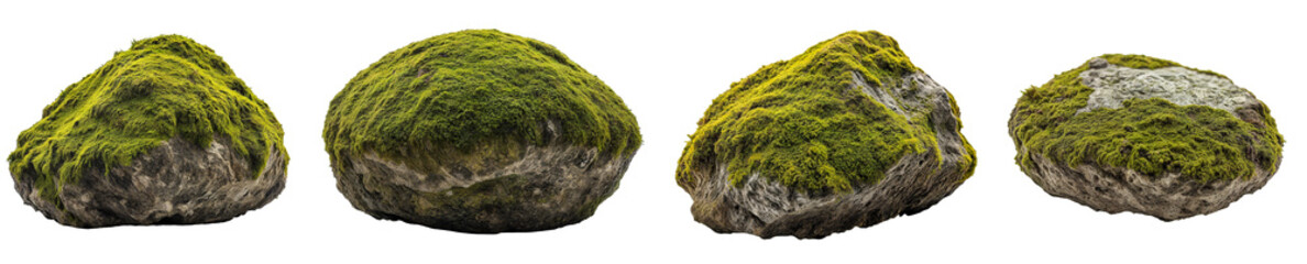 Four distinct stones blanketed with vibrant green moss, transparent background