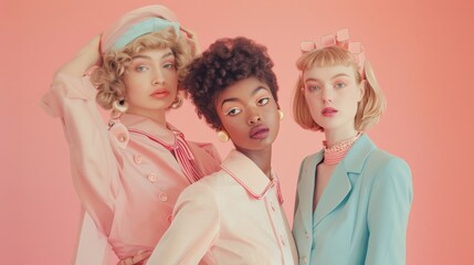 Three models pose in retro-inspired haute couture outfits against a light pink backdrop. The clothing, made from minimal fabrics, features hues of salmon-pink and pastel blue, evoking a retro vibe