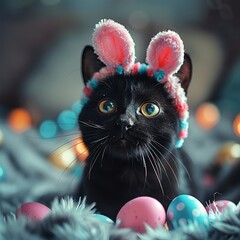 mage of a playful black cat wear cute bunny ears hat exploring colorful Easter eggs Soft, diffused lighting creates a cozy atmosphere - obrazy, fototapety, plakaty