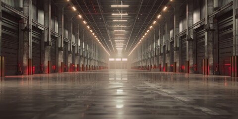 Futuristic automated storage facility with a striking vanishing point - obrazy, fototapety, plakaty