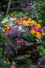 Fototapeta na wymiar A Rustic Wooden Wheelbarrow Brimming with an Array of Vibrant Spring Flowers in Full Bloom