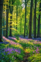 A Majestic Carpet of Bluebells Blanketing the Forest Floor in a Serene Woodland Clearing as Spring Breathes New Life