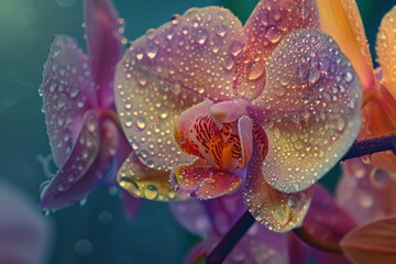 A Mesmerizing Close-Up of a Vibrant Orchid Bloom Glistening with Dewdrops in a Lush Rainforest