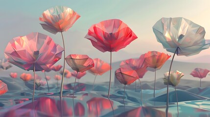 Fototapeta na wymiar Lowpoly Scene of Pastel Poppy Flowers Blooming on Water Surfaces
