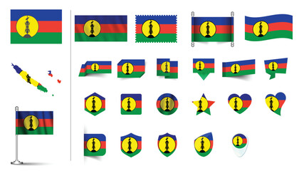 set of New Caledonia flag, flat Icon set vector illustration. collection of national symbols on various objects and state signs. flag button, waving, 3d rendering symbols
