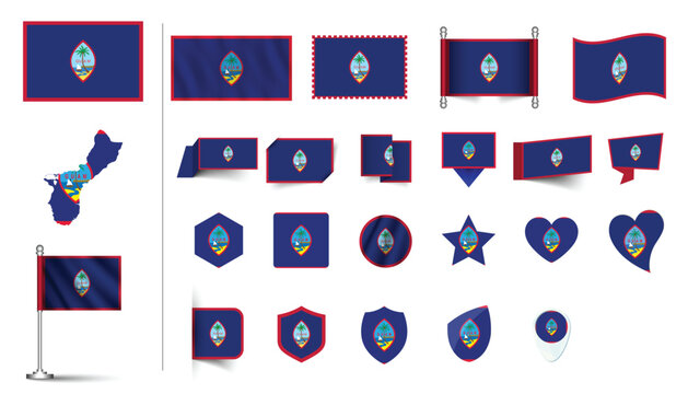 set of Guam flag, flat Icon set vector illustration. collection of national symbols on various objects and state signs. flag button, waving, 3d rendering symbols