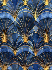 Intricate blue and gold art deco fan pattern with geometric shapes creating a visually striking design