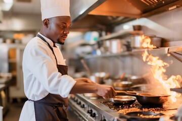 African man working as a chef is cooking in a restaurant