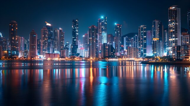 Illuminated Modern Metropolis: A Nighttime Skyline Panorama of Dubai's Futuristic Architecture