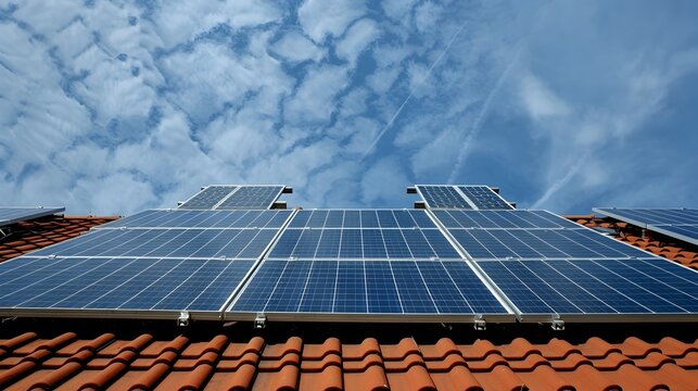 Urban Sustainable Future: Solar Panels Adorning an Apartment Building's Roof against a Blue Sky