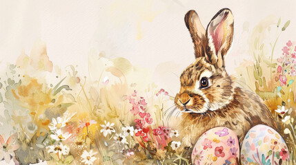 Watercolor illustration. Bunny with Easter eggs and delicate wildflowers. Charming springtime atmosphere. - 768964889