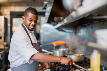 African american man working as a chef is cooking in a restaurant