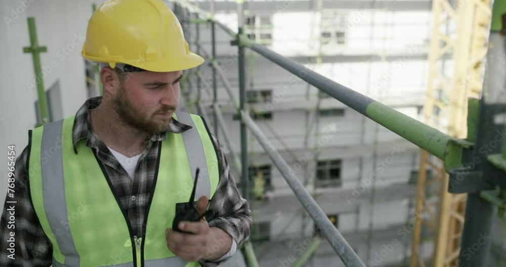 Poster communication, radio and construction worker, man or manager for project management of building deve