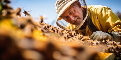 Portrait of a happy beekeeper in his area with hives. Generative AI. - obrazy, fototapety, plakaty