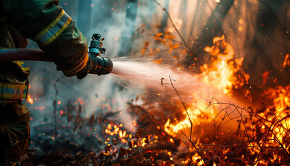 Brave Firefighter Extinguishing Forest Fire with Water Hose - obrazy, fototapety, plakaty