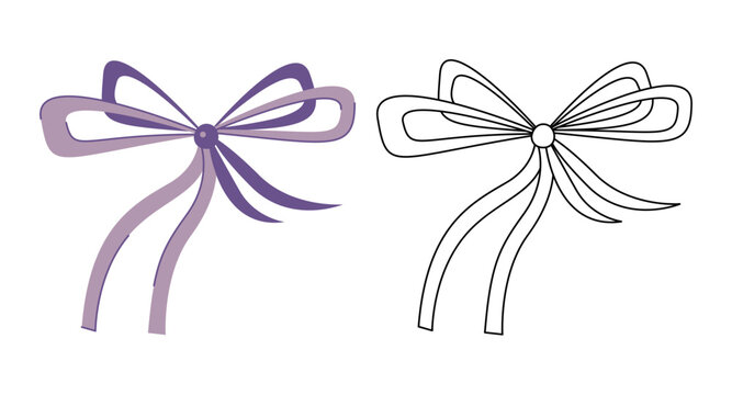 Small doodle set with hair bows. Colored, black and white vector illustration.