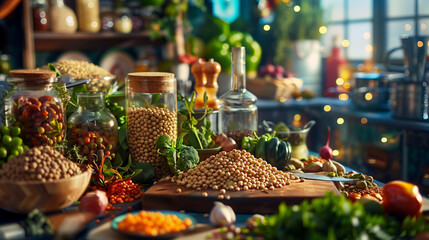 Bustling Kitchen Scene with Variety of Legumes and Vegetables - obrazy, fototapety, plakaty