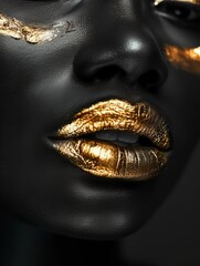 A close up of a womans face showing intricate gold makeup details