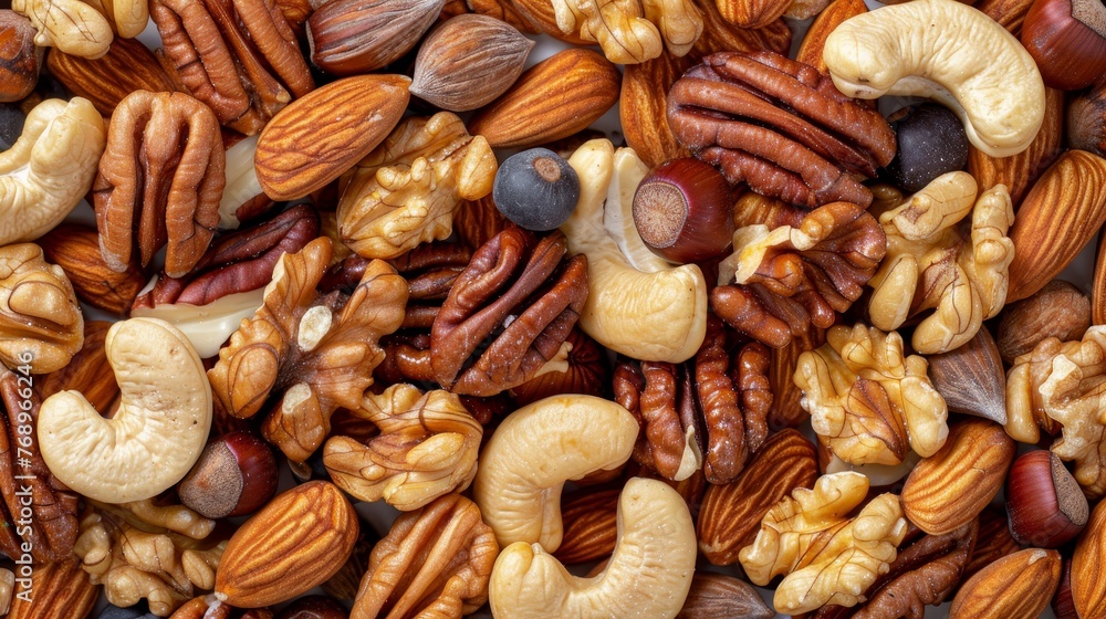 Aufkleber assorted nuts arranged in top view creating a natural background with a variety of nut types