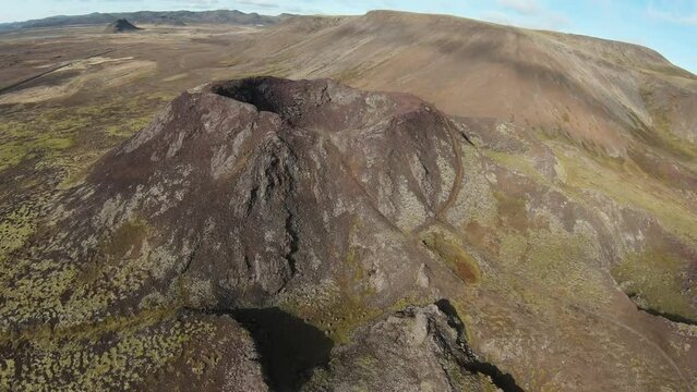Aerial video of Grabrok Volcano or Grabrok Crater, Bifrost, Iceland