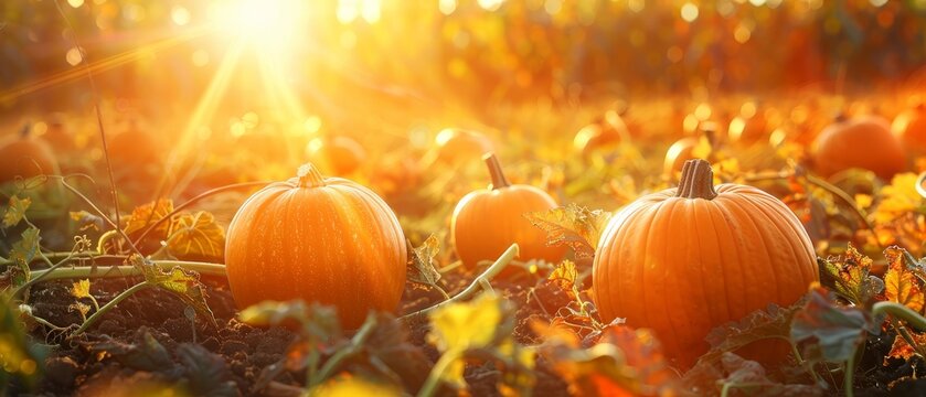   A cluster of pumpkins perched atop a bed of grass adjacent to an expanse of orange and green foliage