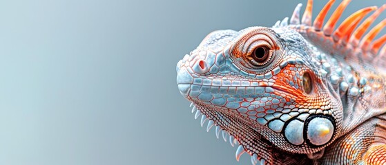  A close-up of an iguana's head, featuring orange and white spikes - obrazy, fototapety, plakaty