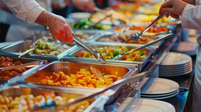 People Group Catering Buffet Food Indoor In Restaurant With Meat Colorful Fruits And Vegetables.