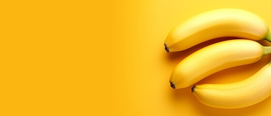   A trio of bananas atop a yellow table against a yellow backdrop with a nearby banana peel