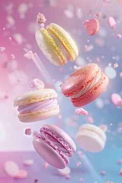 Commercial photo, four macaroons flying in the air in close-up, suitable for banner design