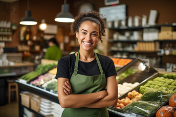  Portrait of young smiling sales assistant standing in a grocery store, supermarket, in front of shelves with fruits and vegetables. Female store clerk in apron smiling, looking at camera