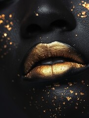 A womans face covered in shimmering gold glitter