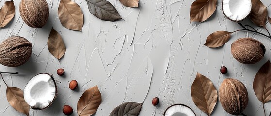   A collection of nuts surrounded by leaves and shells against a white-painted wooden backdrop Add captions for better visibility and comprehension - obrazy, fototapety, plakaty