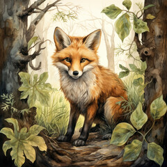 Naklejka premium Vibrant watercolor art of a fox in a lush forest setting. Wall art wallpaper
