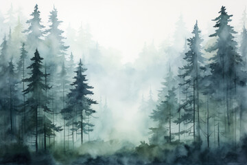 Watercolor art of a dense foggy forest tapestry. Wall art wallpaper