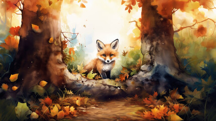 Fototapeta premium Autumnal watercolor scene with fox among fallen leaves. Wall art wallpaper