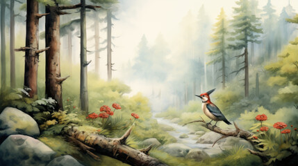 Single woodpecker amidst lush green forest scenery. Wall art wallpaper