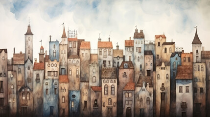 Artistic watercolor mural of city buildings with cloudy backdrop. Wall art wallpaper