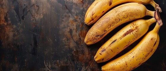   A cluster of overripe bananas placed on a wooden table near a bottle of wine and an opener - obrazy, fototapety, plakaty