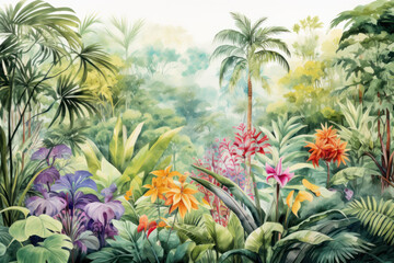 Artistic mural painting of dense tropical greenery and blooming flowers. Wall art wallpaper