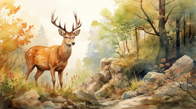 Majestic deer in sunny forest landscape watercolor. Wall art wallpaper