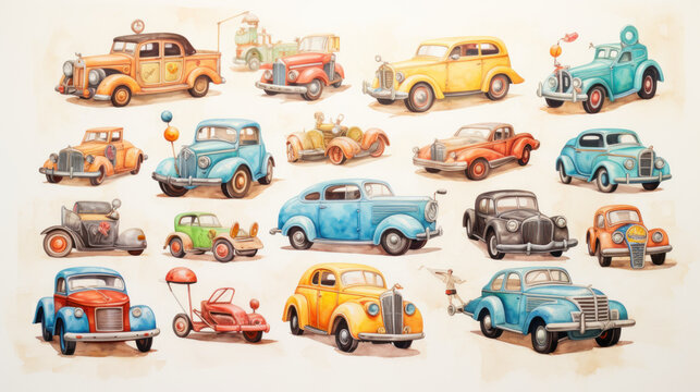 Colorful vintage toy cars on artistic watercolor mural. Wall art wallpaper