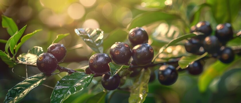   A detailed image of several berries dangling from a leafy tree branch, illuminated by warm sunlight filtering through the foliage