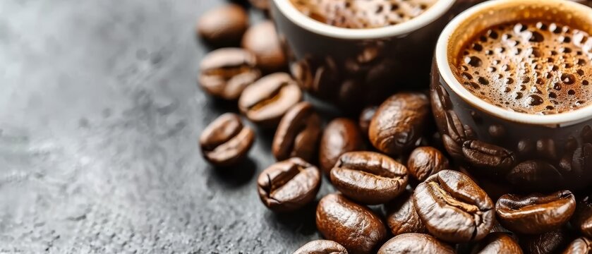   Two cups of coffee atop coffee beans on a gray surface with hole-pocked cups