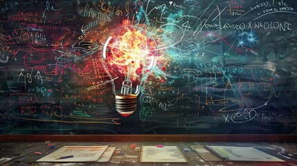 Chalkboard of thoughts orbiting a bright idea books story fueling innovation - obrazy, fototapety, plakaty