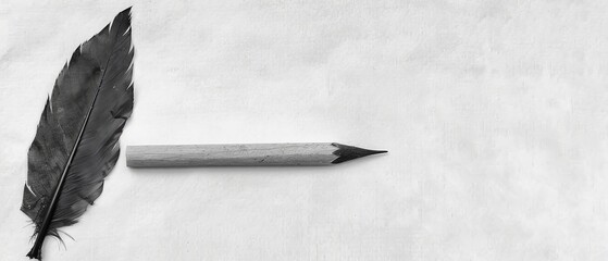   A black-and-white image featuring a pen and feather on a white background, alongside another black-and-white photograph of the same subject