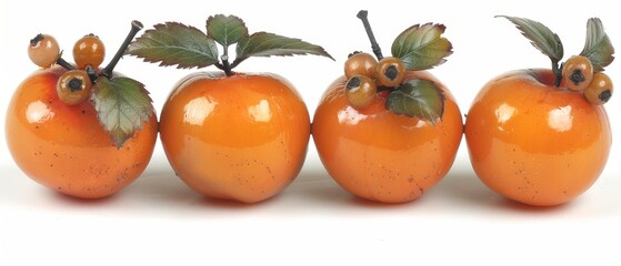   A group of four orange tomatoes with green leaves on top and bottom