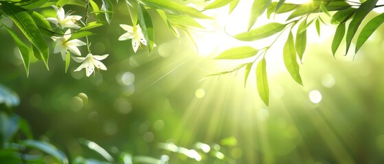   Sun shining through green bamboo leaves with white flowers in the foreground