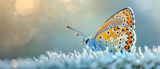   A vibrant blue and orange butterfly perched atop a snow-kissed, dewy grass on a radiant day